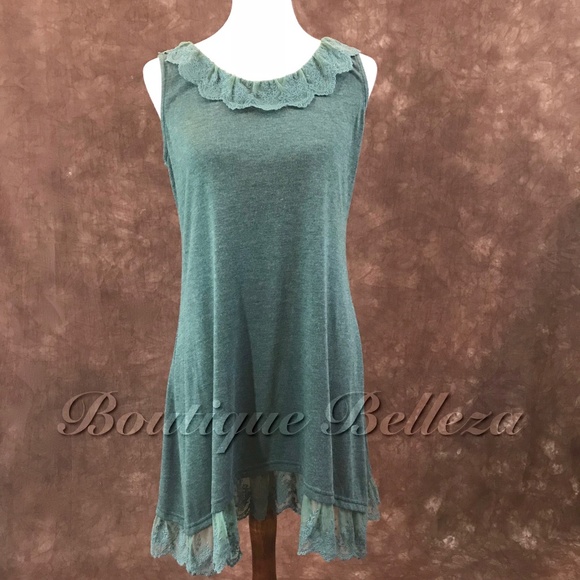 Heather Sage Long Tank Top with Lace Neck Detail - Picture 1 of 13